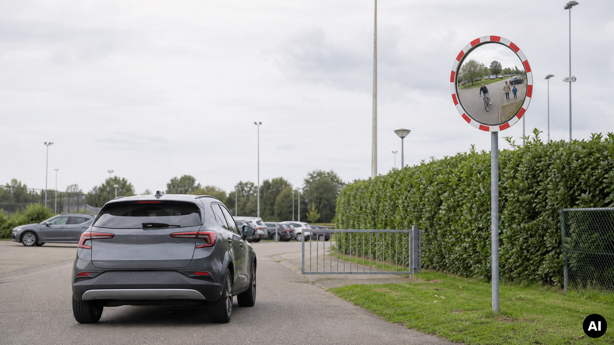 Verkeersspiegel bij de uitrit van een Nederlands sportpark met zicht op een fietser en kind.