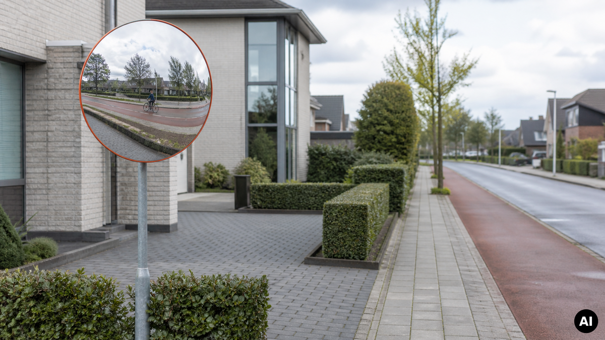 Bolle verkeersspiegel op eigen terrein bij een Nederlandse oprit met zicht op een fietser.