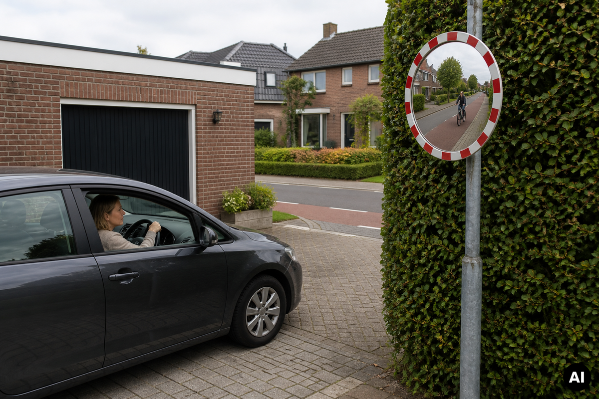 Verkeersspiegel op een paal bij een Nederlandse uitrit met zicht op een fietser naast een haag.