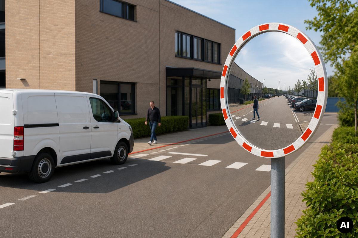 Bolle verkeersspiegel bij een kruising op een Nederlands bedrijfsterrein met een bestelwagen en voetganger.