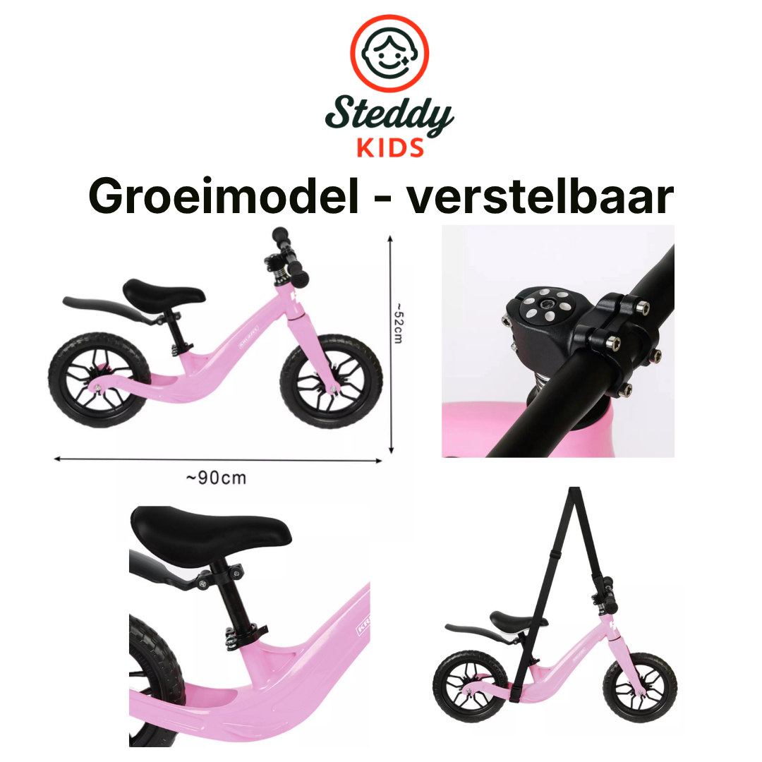 Kruzzel Loopfiets Roze – 12 Inch Kinderfiets met Verstelbaar Zadel en Draagriem