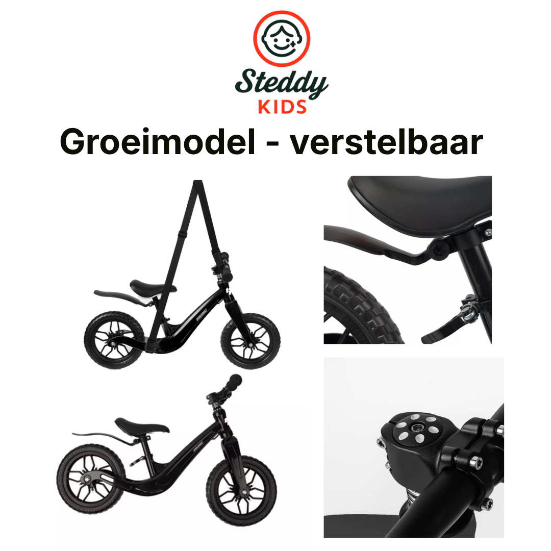 Kruzzel Loopfiets 12 inch Zwart – Verstelbaar Zadel + Draagriem
