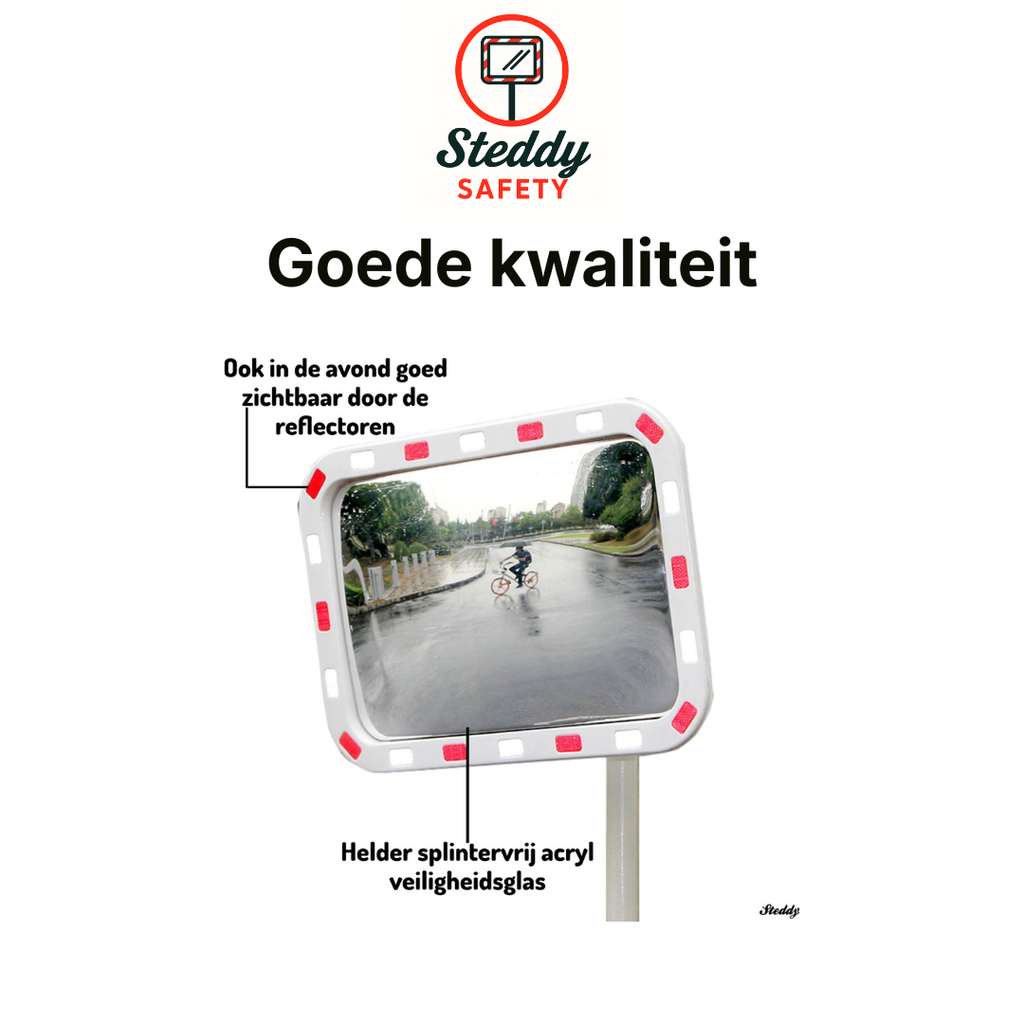 Verkeersspiegel Uitrit Rechthoek met Reflectoren - 80x60 cm - XL Veiligheidsspiegel Dodehoekspiegel Buiten - Traffic Mirror - Bolle Spiegel