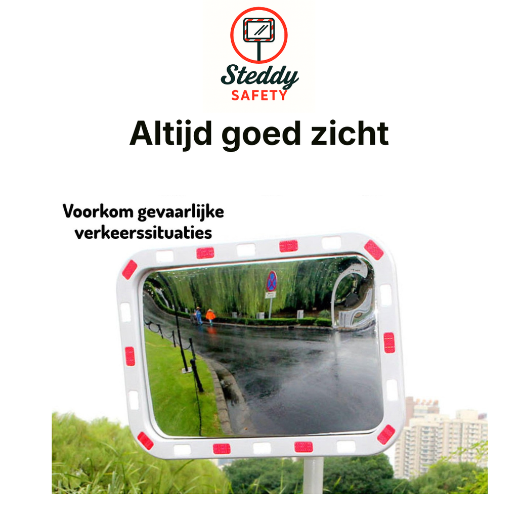Verkeersspiegel Uitrit Rechthoek met Reflectoren - 80x60 cm - XL Veiligheidsspiegel Dodehoekspiegel Buiten - Traffic Mirror - Bolle Spiegel