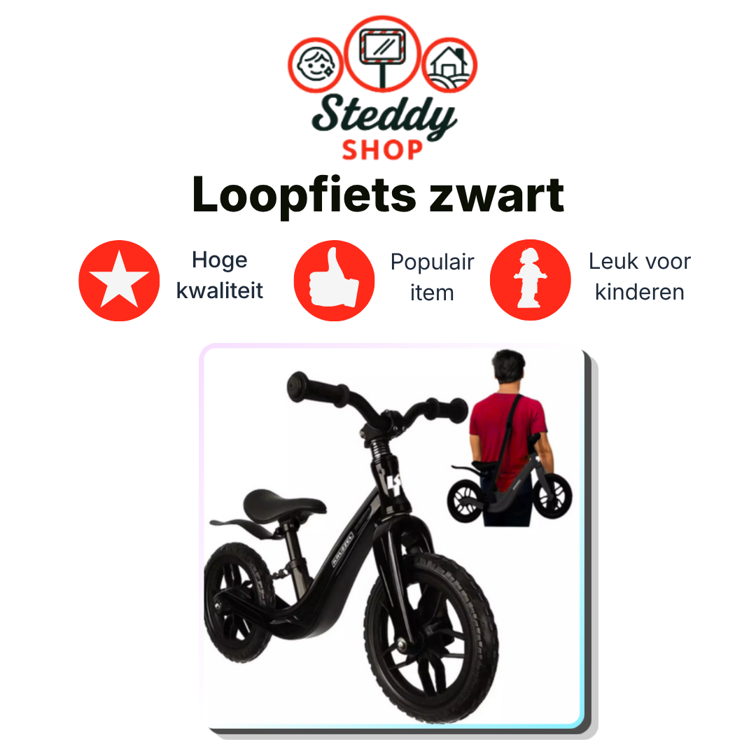 Kruzzel Loopfiets 12 inch Zwart – Verstelbaar Zadel + Draagriem